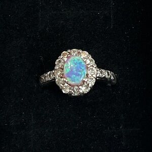 Vintage Sterling Silver Cabochon Opal CZ Ring size 6.5